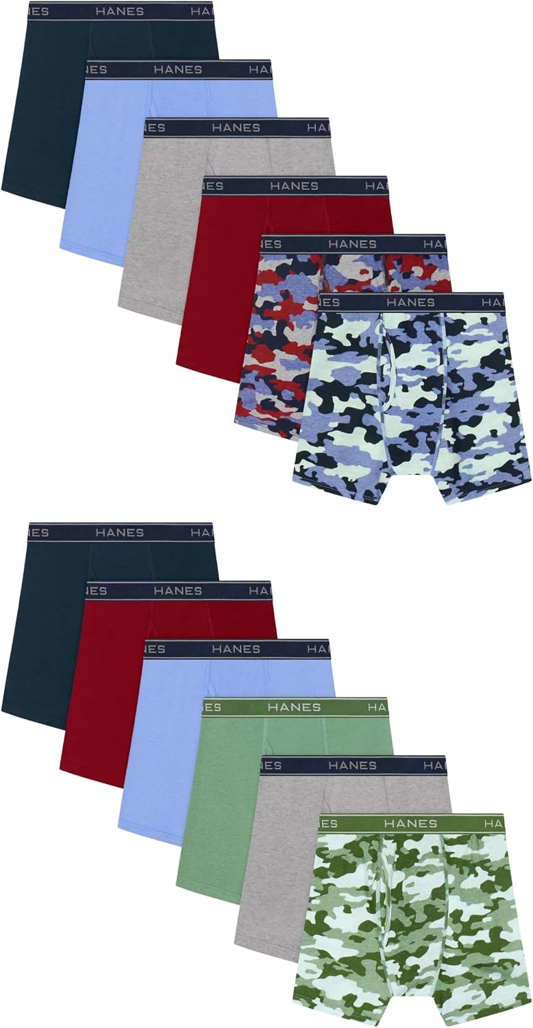 Hanes Boys' Boxer Briefs, Moisture-wicking Underwear for Boys & Toddlers, Assorted, 10 Or 12 Pack