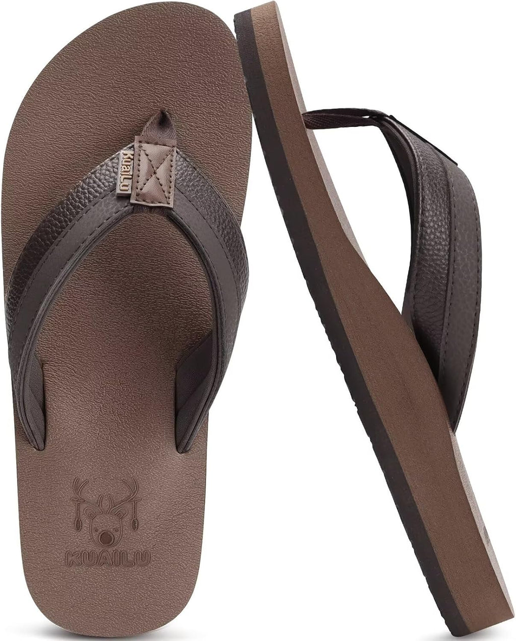 KuaiLu Mens Faux Leather Flip Flops with Comfortable Arch Support