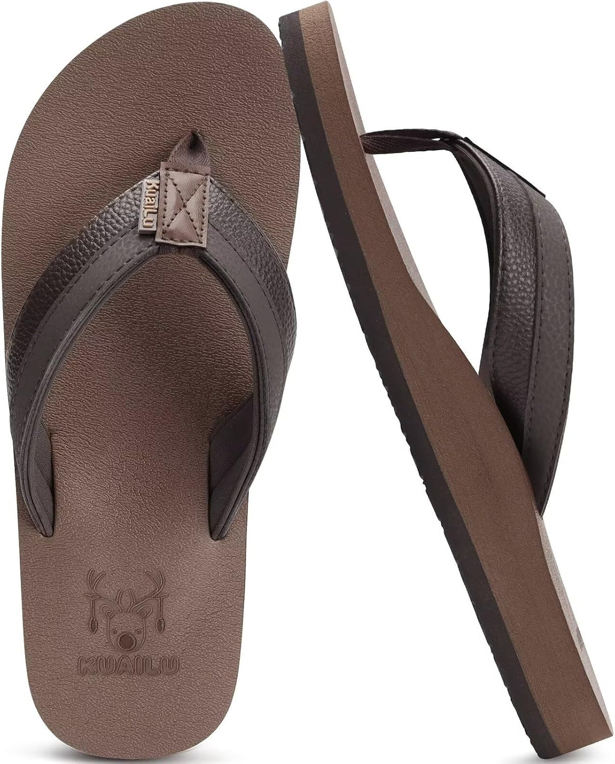 KuaiLu Mens Faux Leather Flip Flops with Comfortable Arch Support