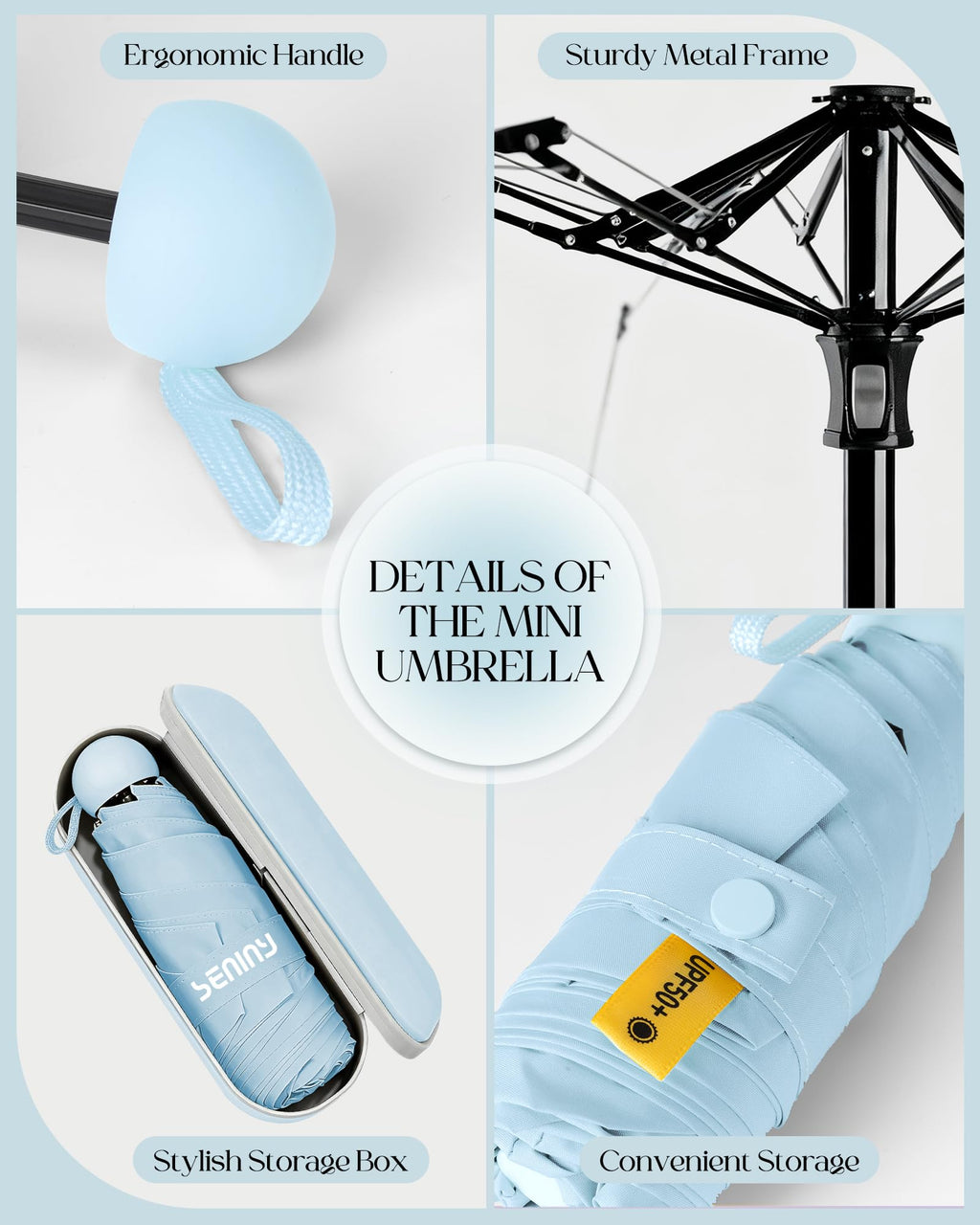 Seniny Mini Travel Umbrella with Case, Compact Pocket Size UV Sun & Rain