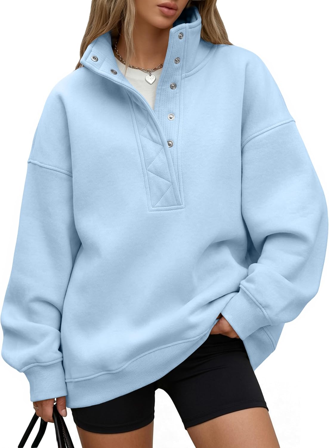 Trendy Queen Womens Oversized Sweatshirts with Snap Button Henley Collar