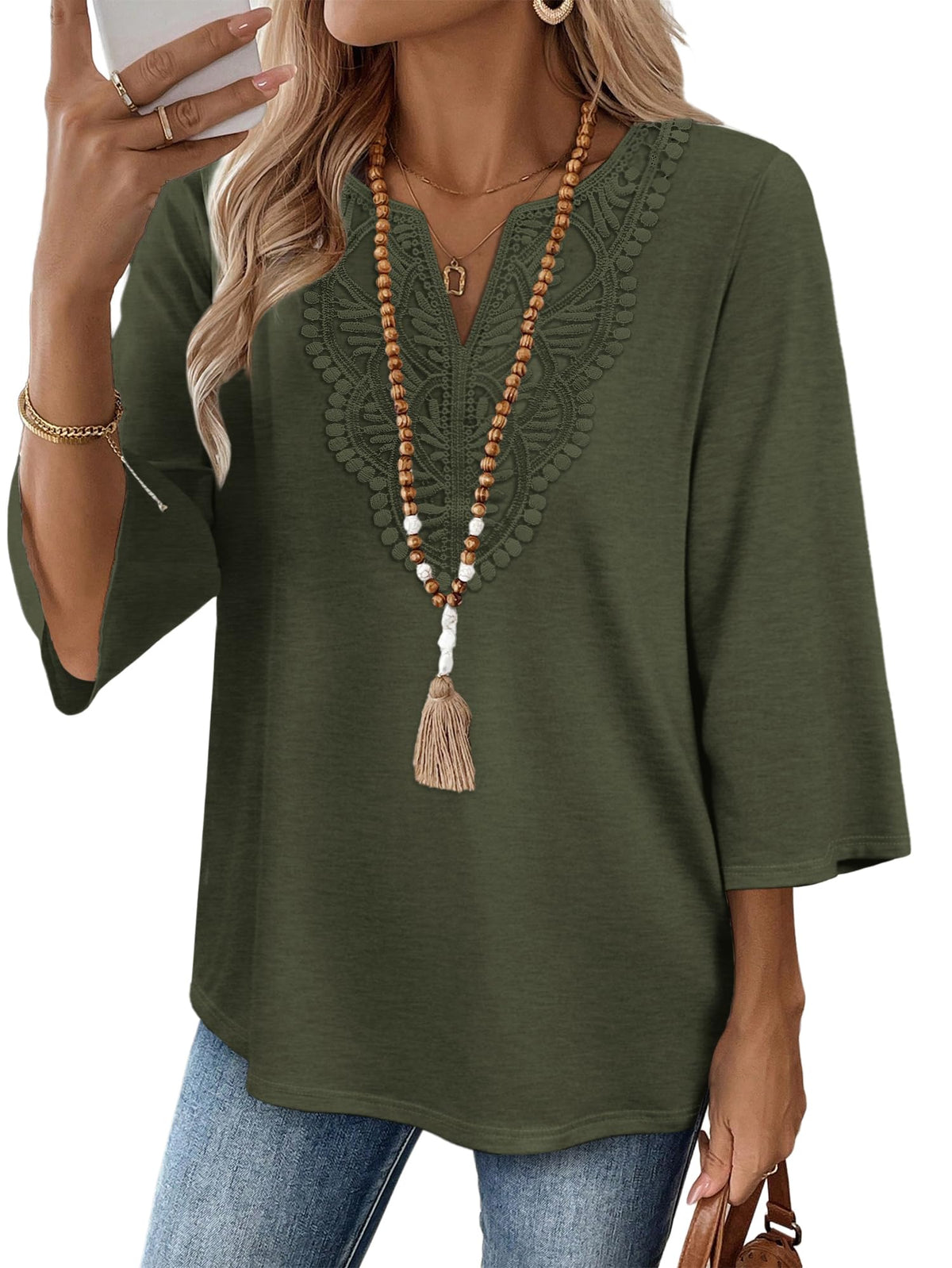 WIHOLL 3/4 Length Sleeve Womens Tops Boho V Neck Lace Shirt Trendy Blouses Dressy Casual Vacation Clothes S-3XL