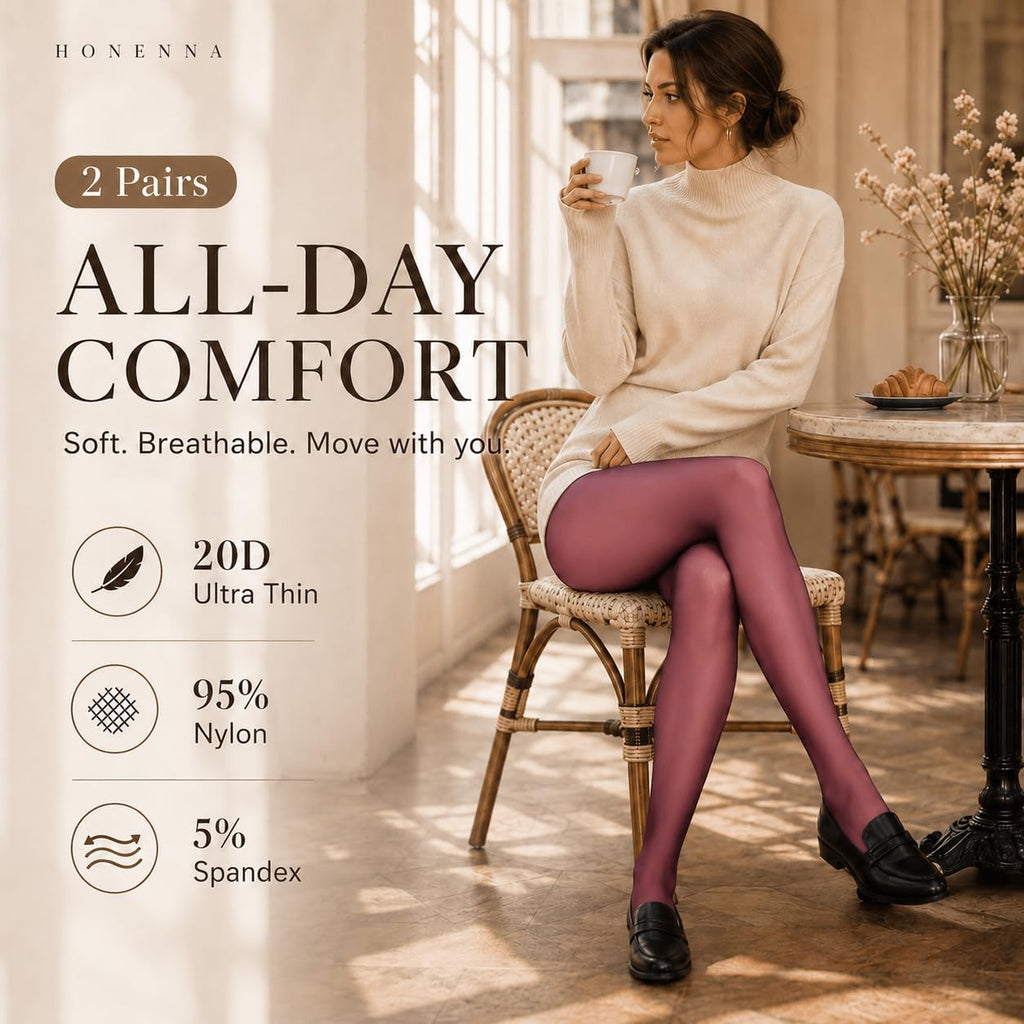 HONENNA Sheer Tights for Women 2 Pairs Ultra Thin Reinforced T Crotch Control Top Pantyhose Stockings