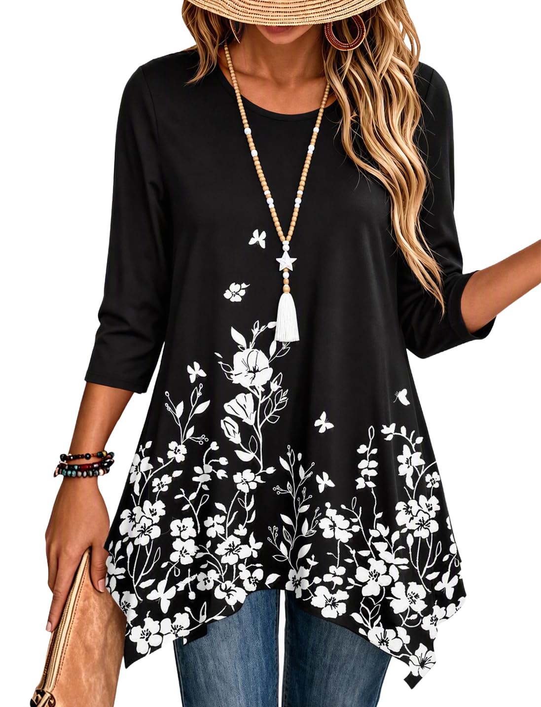 Zeagoo Womens Tops 3/4 Sleeve Loose Fit Dressy Tunics Plus Size Boho Shirts