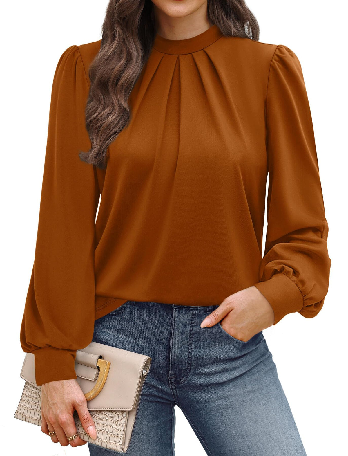 WIHOLL Long Sleeve Shirts for Women Mock Neck Tops Pleated Front Blouses Dressy Casual Spring Fall Clothes 2026 Fashion