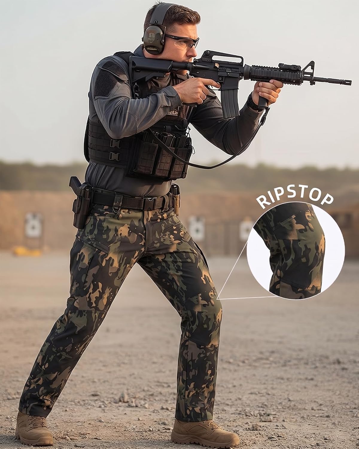 Men's Stretch Tactical Pants Waterproof Ripstop Fabric Cargo Pants Lightweight Casual Hiking Outdoor Work Pants (No Belt)