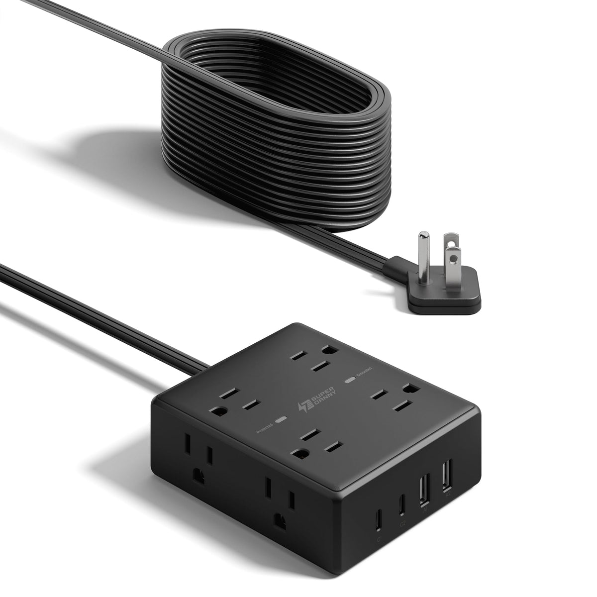 SUPERDANNY Extension Cord,Flat Plug Surge Protector Power Strip,10Ft