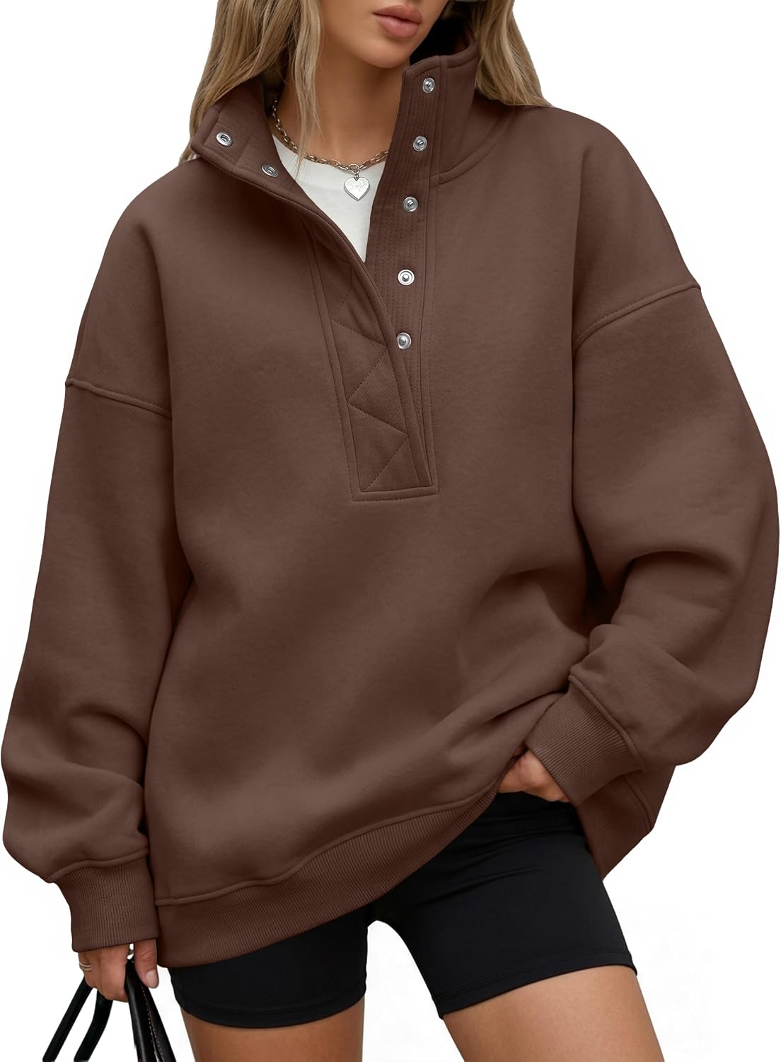 Trendy Queen Womens Oversized Sweatshirts with Snap Button Henley Collar
