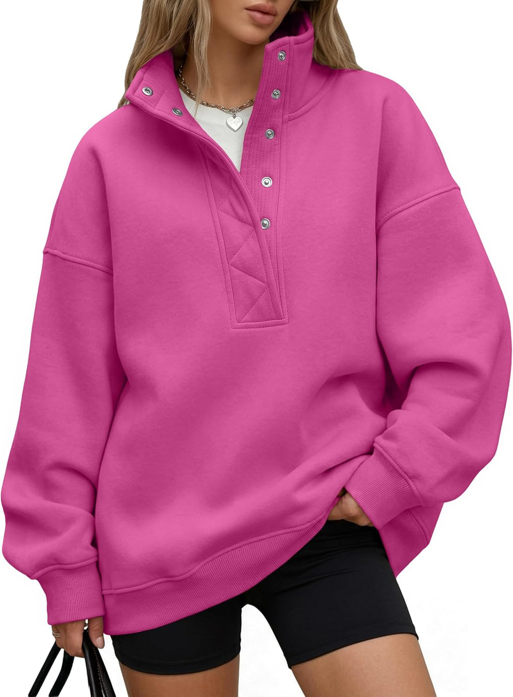 Trendy Queen Womens Oversized Sweatshirts with Snap Button Henley Collar