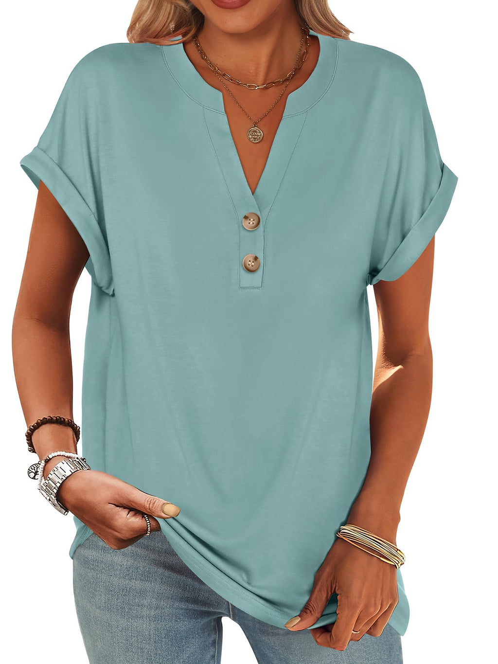 ANRABESS Womens Short Sleeve Henley Tops Summer Shirts Dressy Casual Blouse