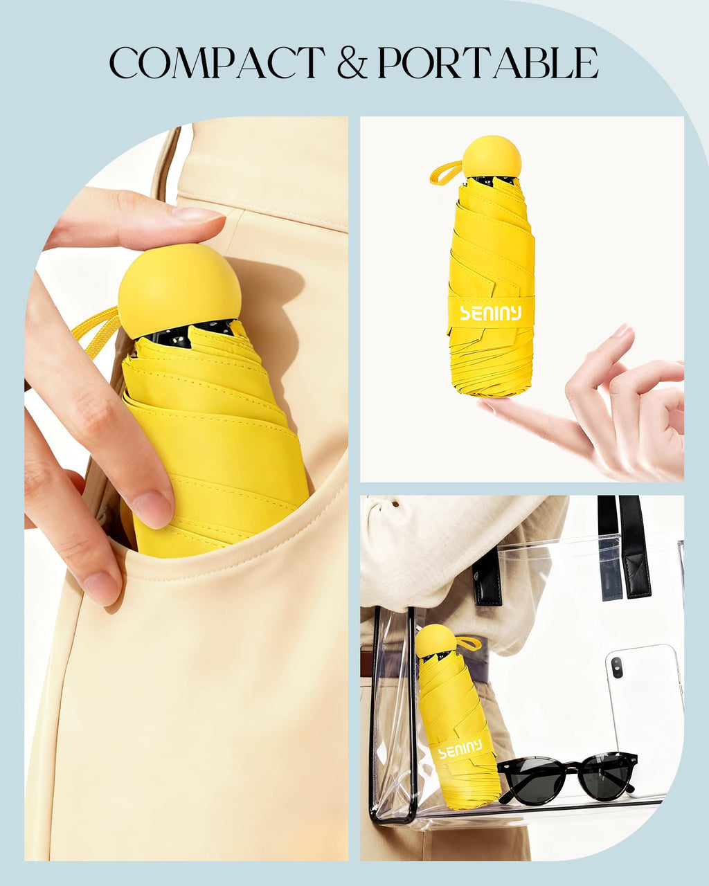 Seniny Mini Travel Umbrella with Case, Compact Pocket Size UV Sun & Rain