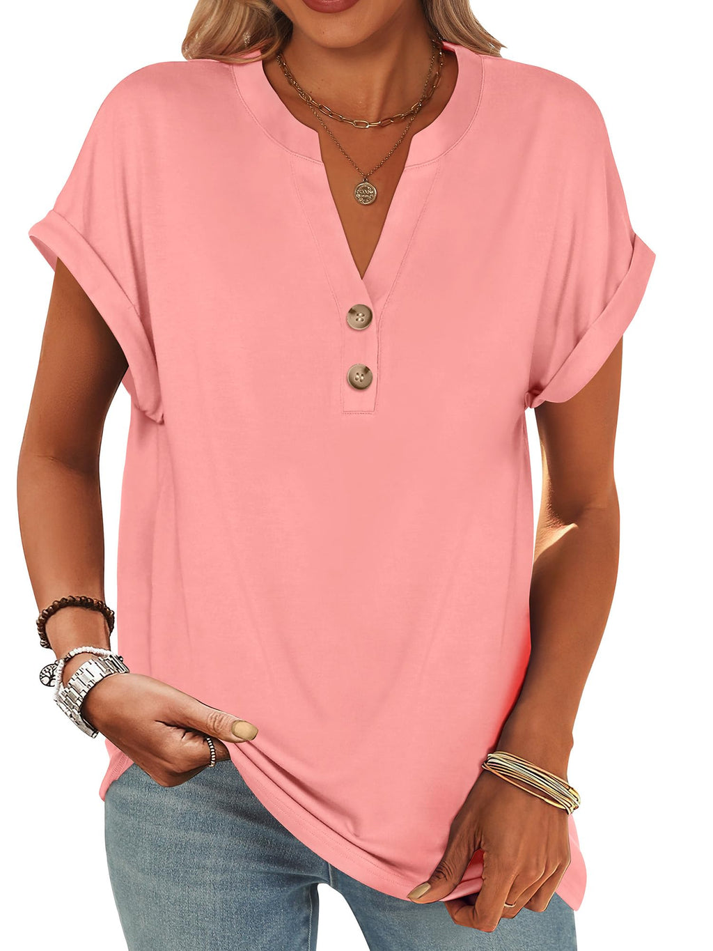 ANRABESS Womens Short Sleeve Henley Tops Summer Shirts Dressy Casual Blouse