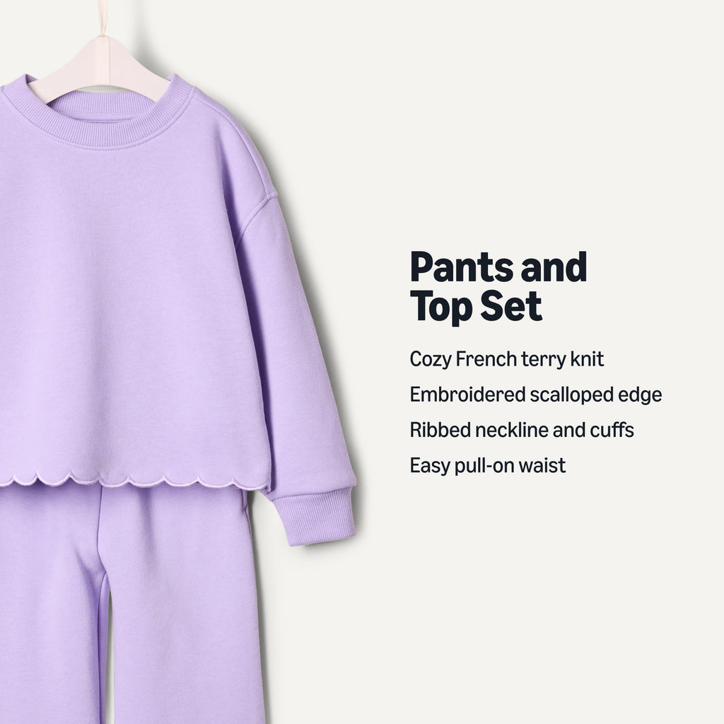 Amazon Essentials x Sofia Grainge Toddlers and Baby Girls' French Terry Sweatshirt Pant and Top Set