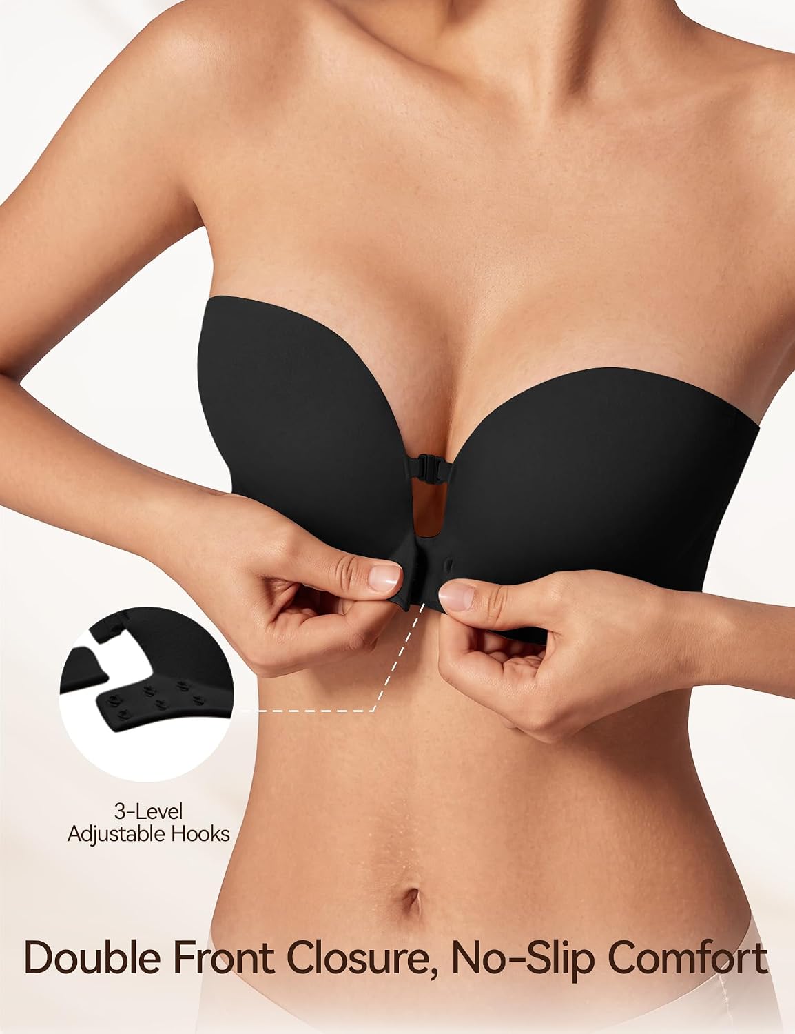 LUCKMEEY Women's Strapless Front Closure Push Up Bra, Non-Slip Removable Straps, Wireless Seamless, A-C Cup