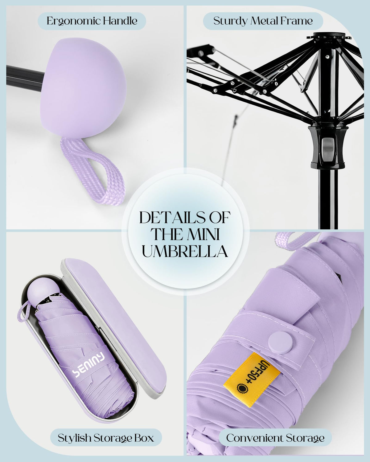Seniny Mini Travel Umbrella with Case, Compact Pocket Size UV Sun & Rain