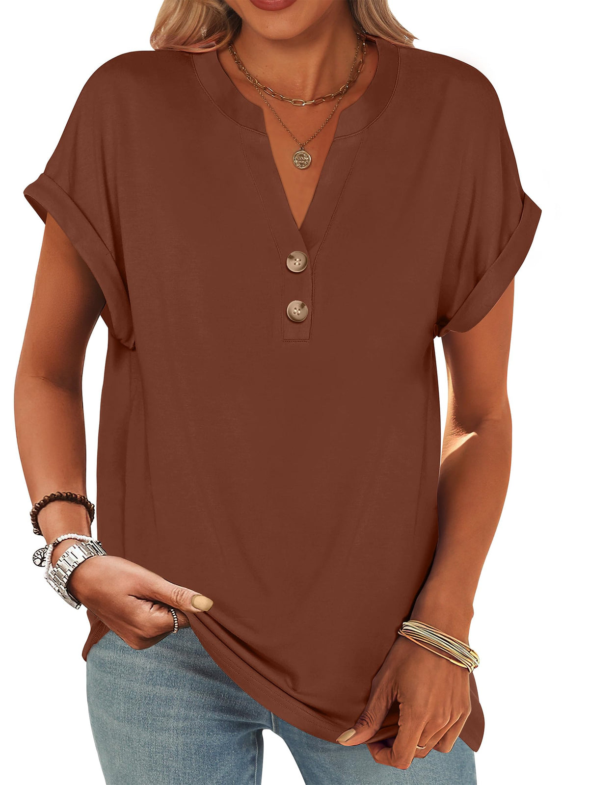 ANRABESS Womens Short Sleeve Henley Tops Summer Shirts Dressy Casual Blouse