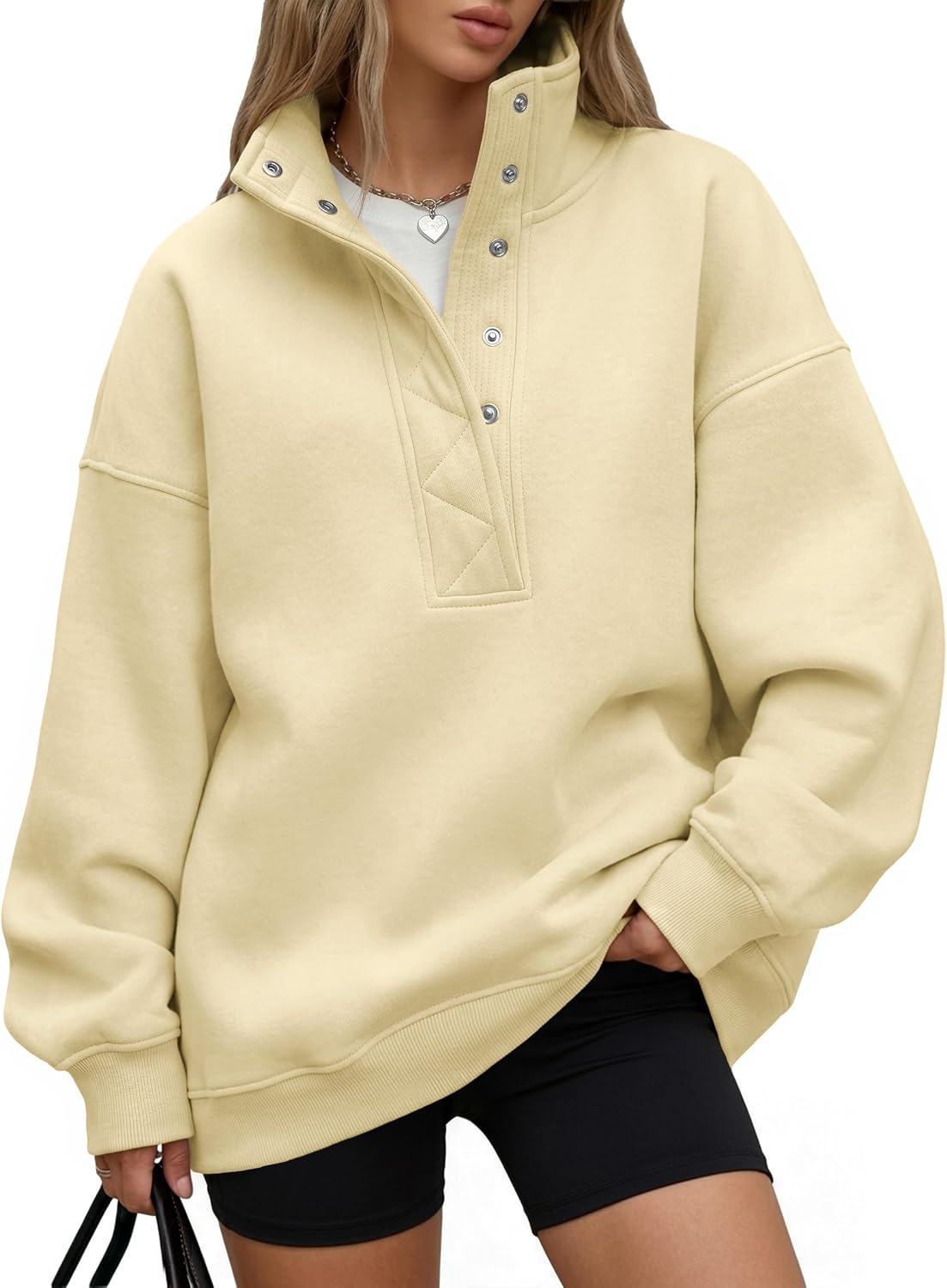 Trendy Queen Womens Oversized Sweatshirts with Snap Button Henley Collar