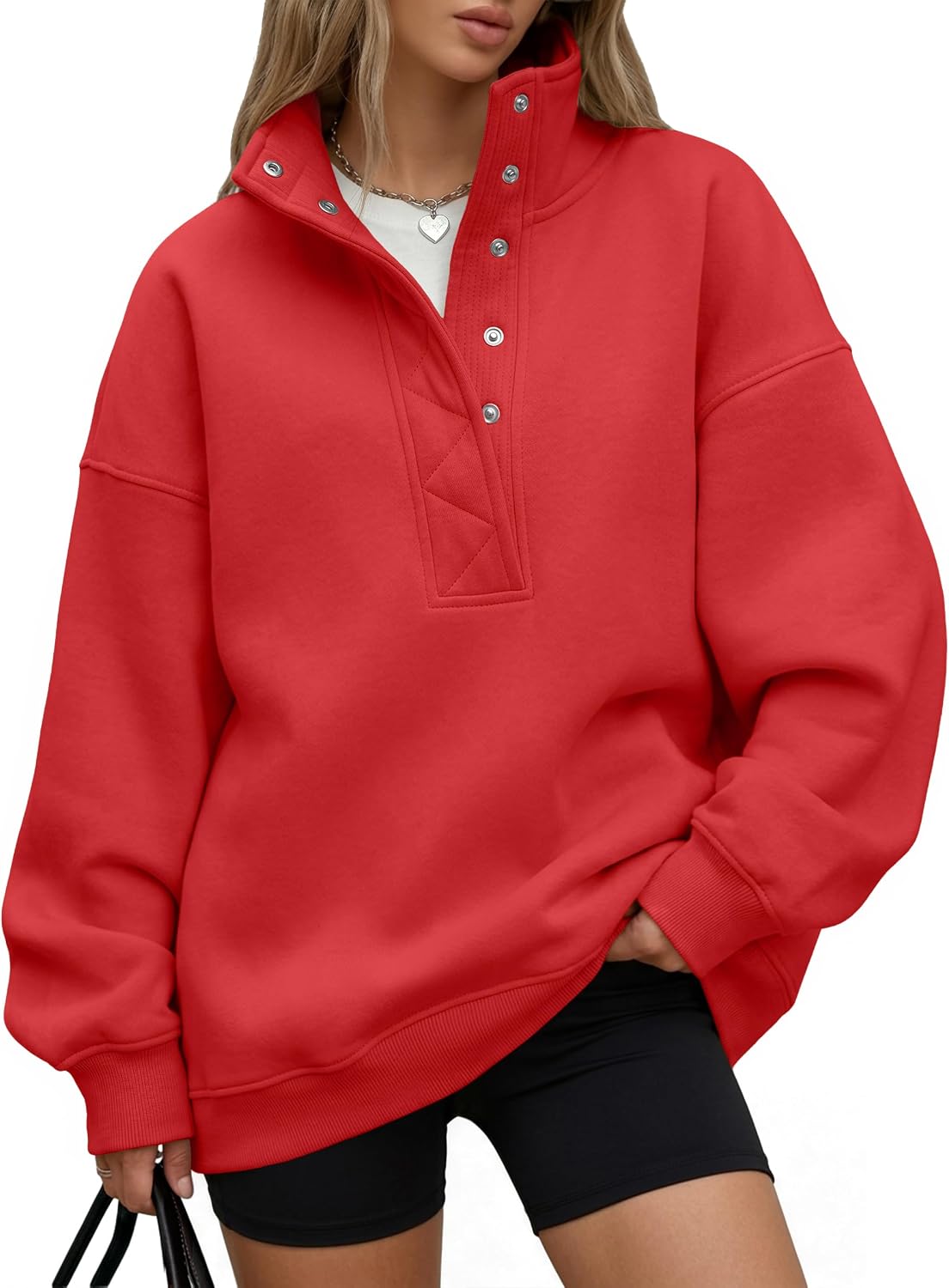 Trendy Queen Womens Oversized Sweatshirts with Snap Button Henley Collar