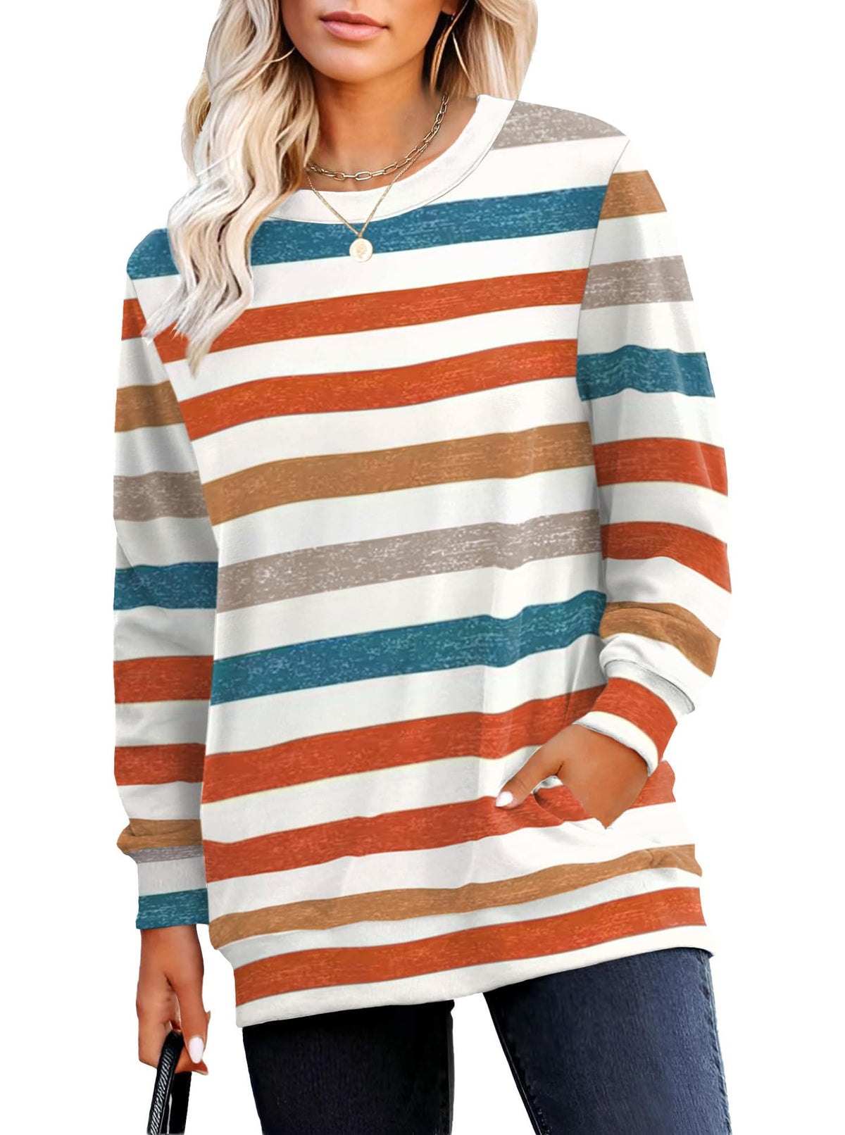 RUMIA Crewneck Fall Sweatshirt for Women Plain Long Sleeve Top with Pocket