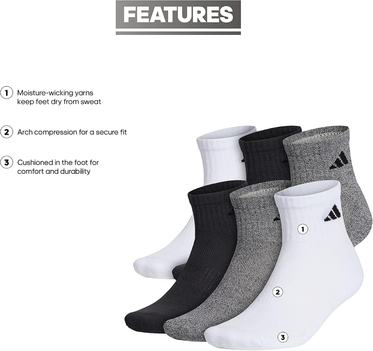 adidas Men's Athletic Cushioned Quarter Ankle Socks 6 Pairs