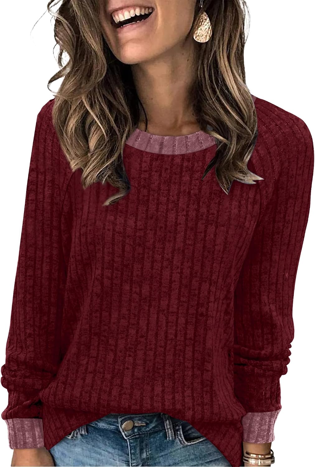 WIHOLL Long Sleeve Shirts for Women Lightweight Sweaters Fall Outfits 2026 Color Block Winter Clothing Dressy Casual Soft
