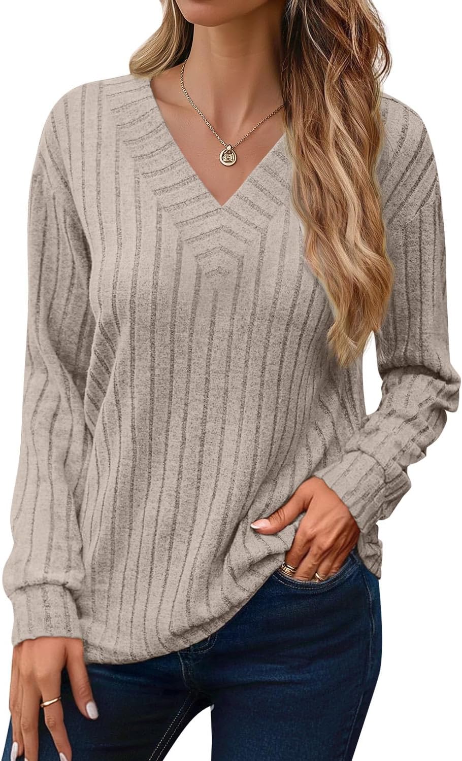 JUSTFASHIONNOW Long Sleeve V Neck Shirts for Women Lightweight Sweaters