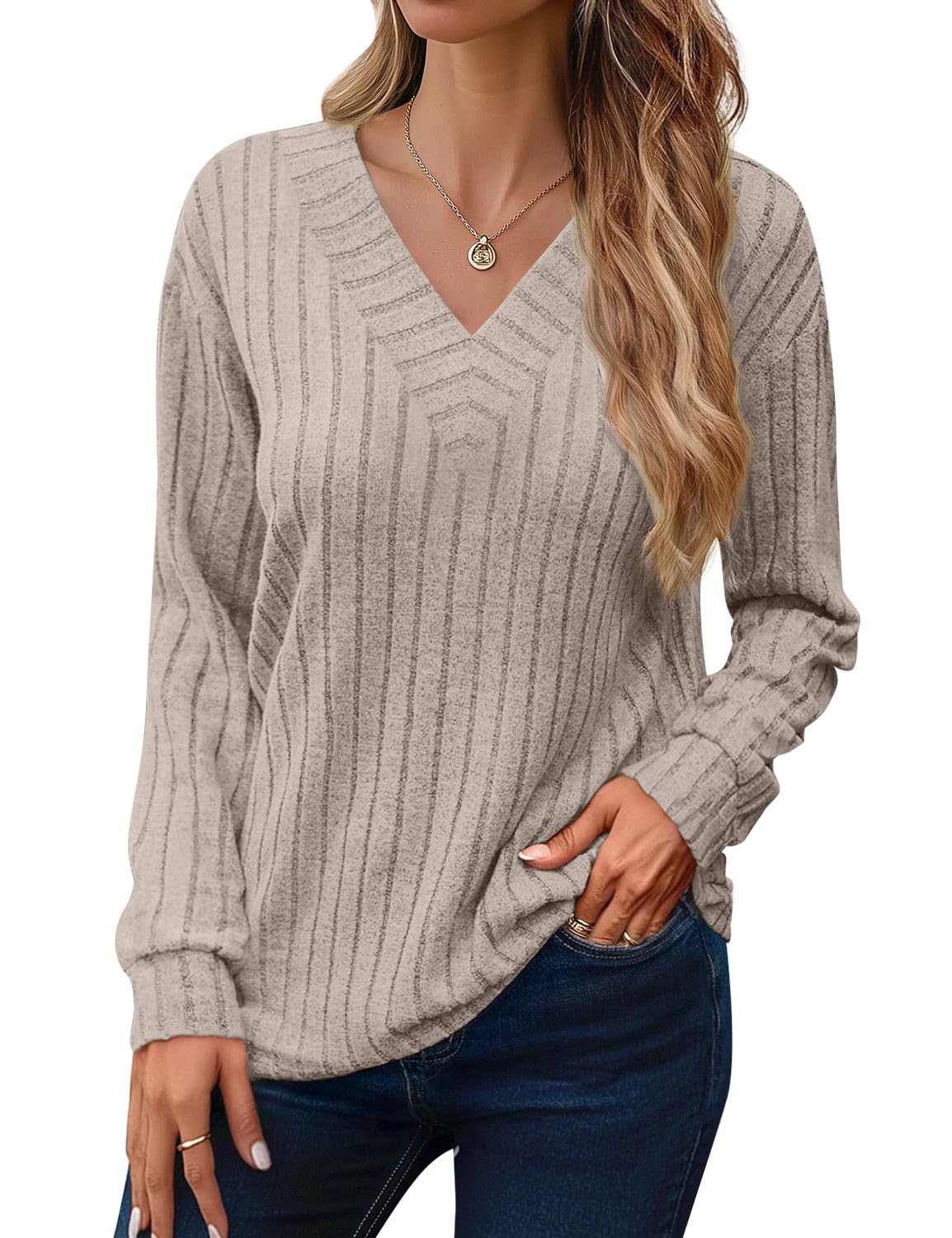 JUSTFASHIONNOW Long Sleeve V Neck Shirts for Women Lightweight Sweaters