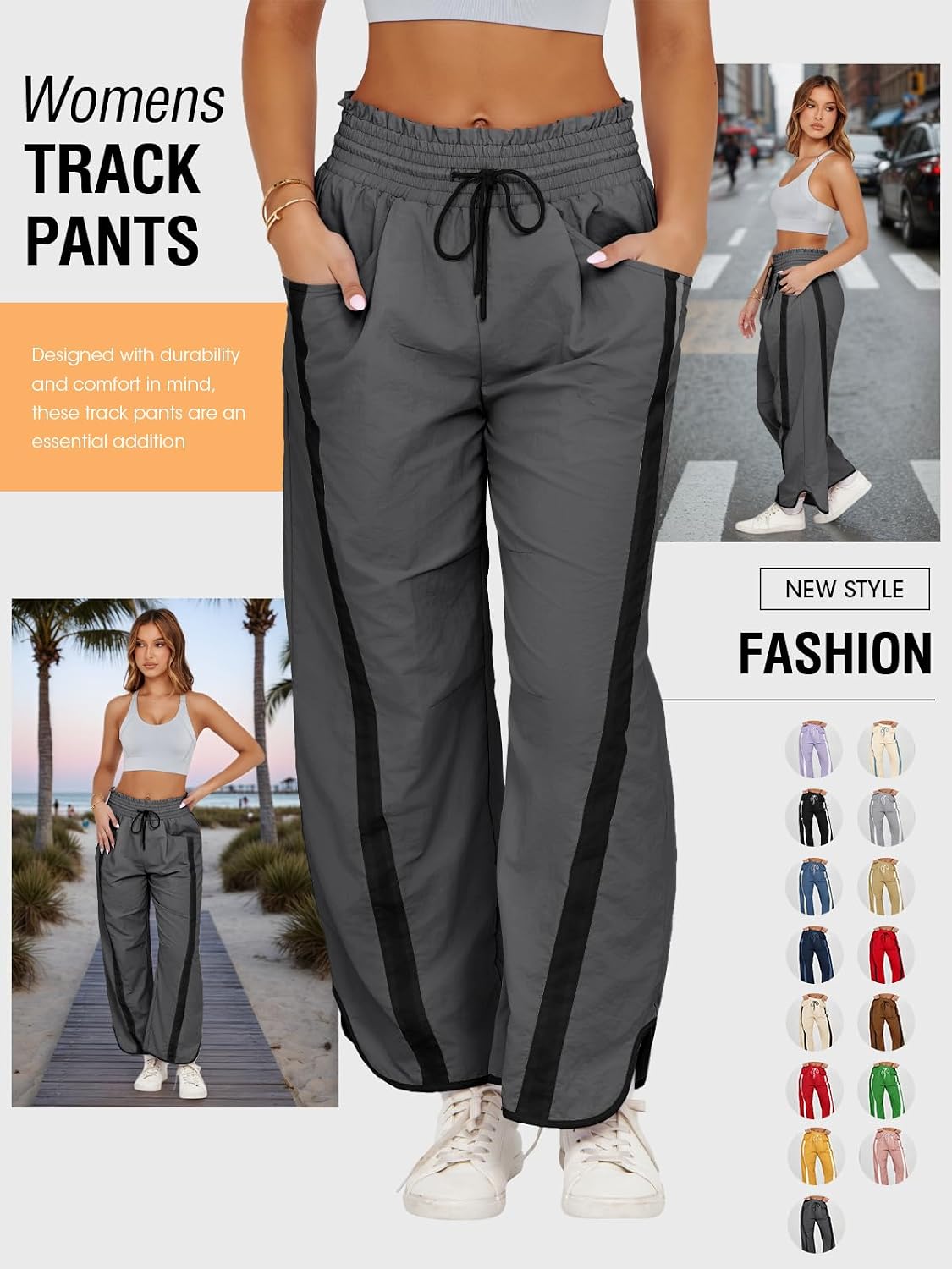 Fisoew Women's Baggy Wide Leg Pants Casual Drawstring Elastic Waisted Contrast Color Workout Y2K Track Pants