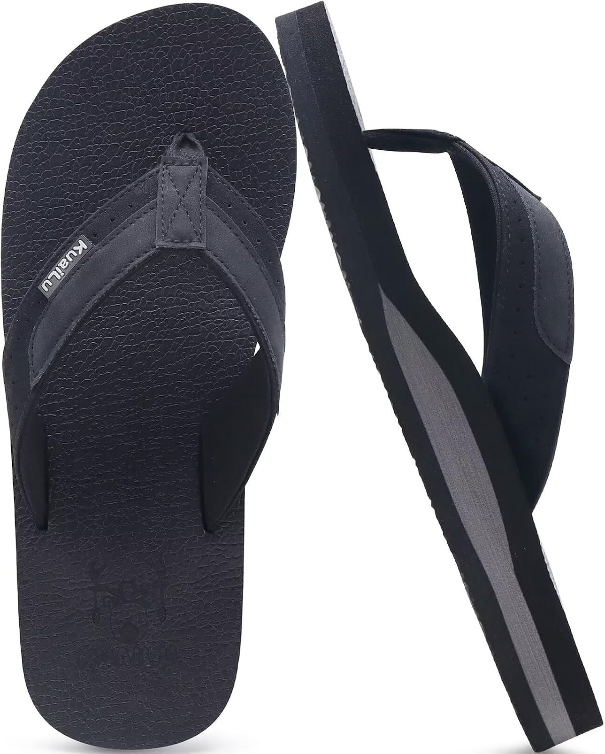 KuaiLu Mens Faux Leather Flip Flops with Comfortable Arch Support