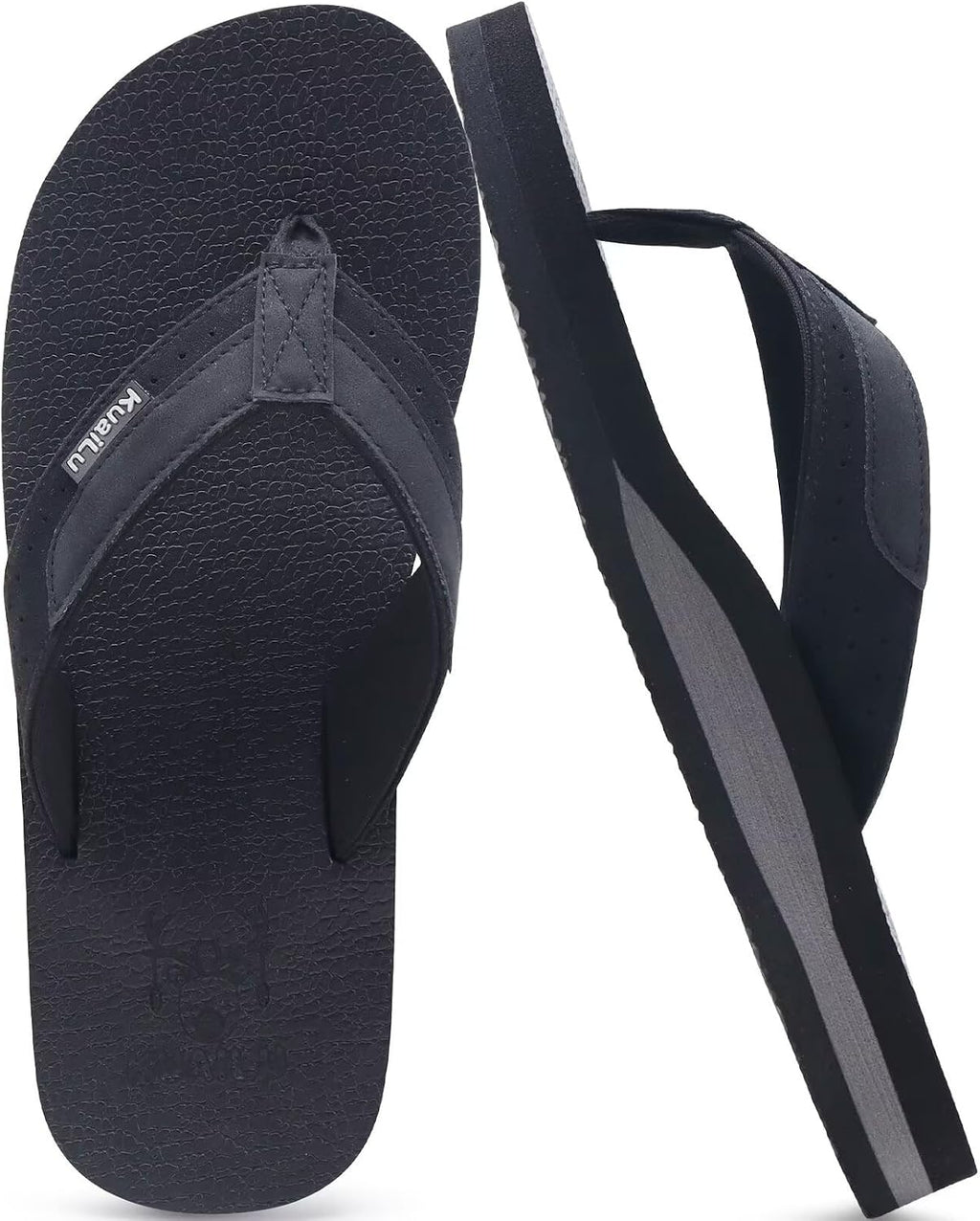 KuaiLu Mens Faux Leather Flip Flops with Comfortable Arch Support