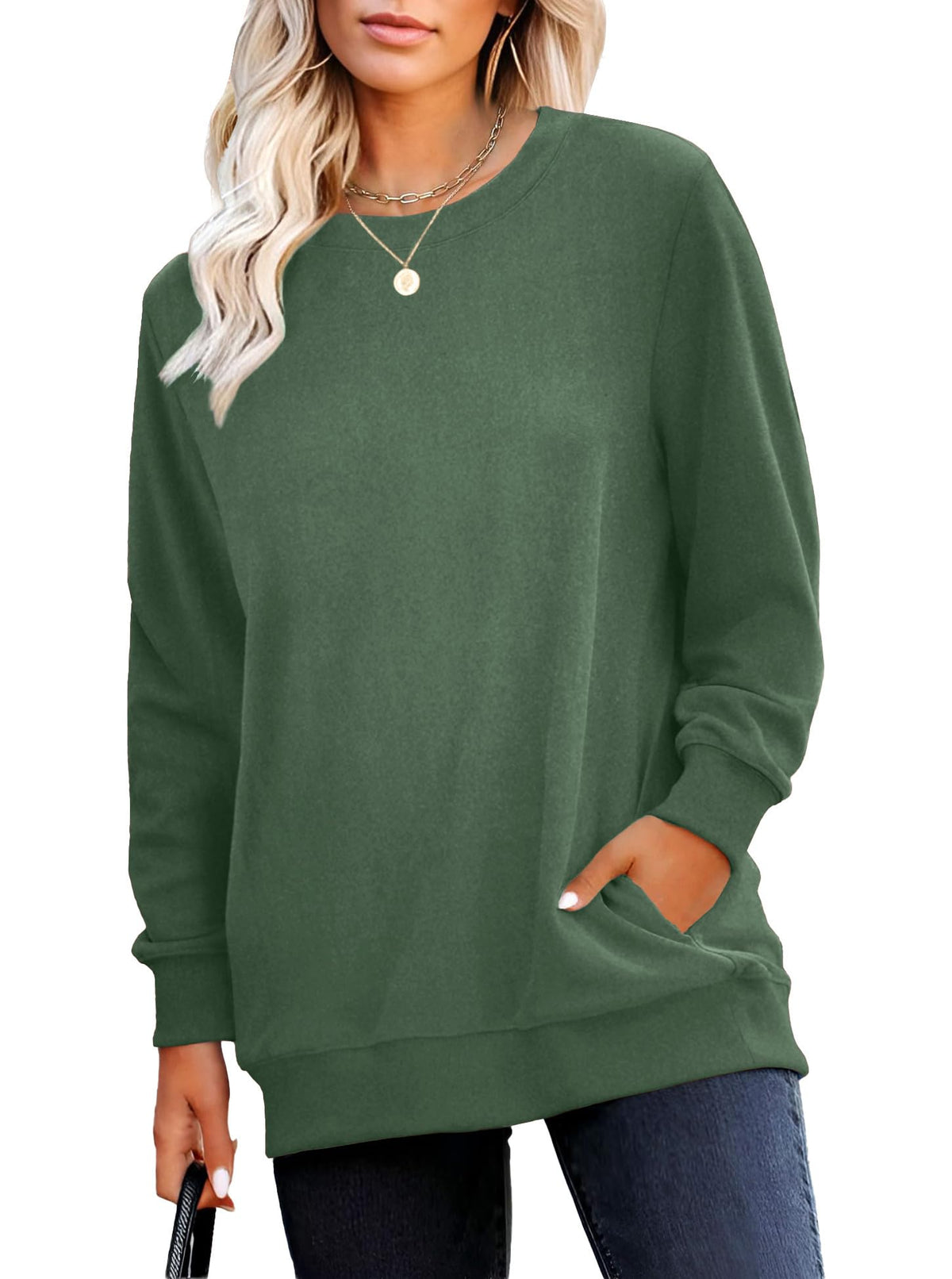 RUMIA Crewneck Fall Sweatshirt for Women Plain Long Sleeve Top with Pocket