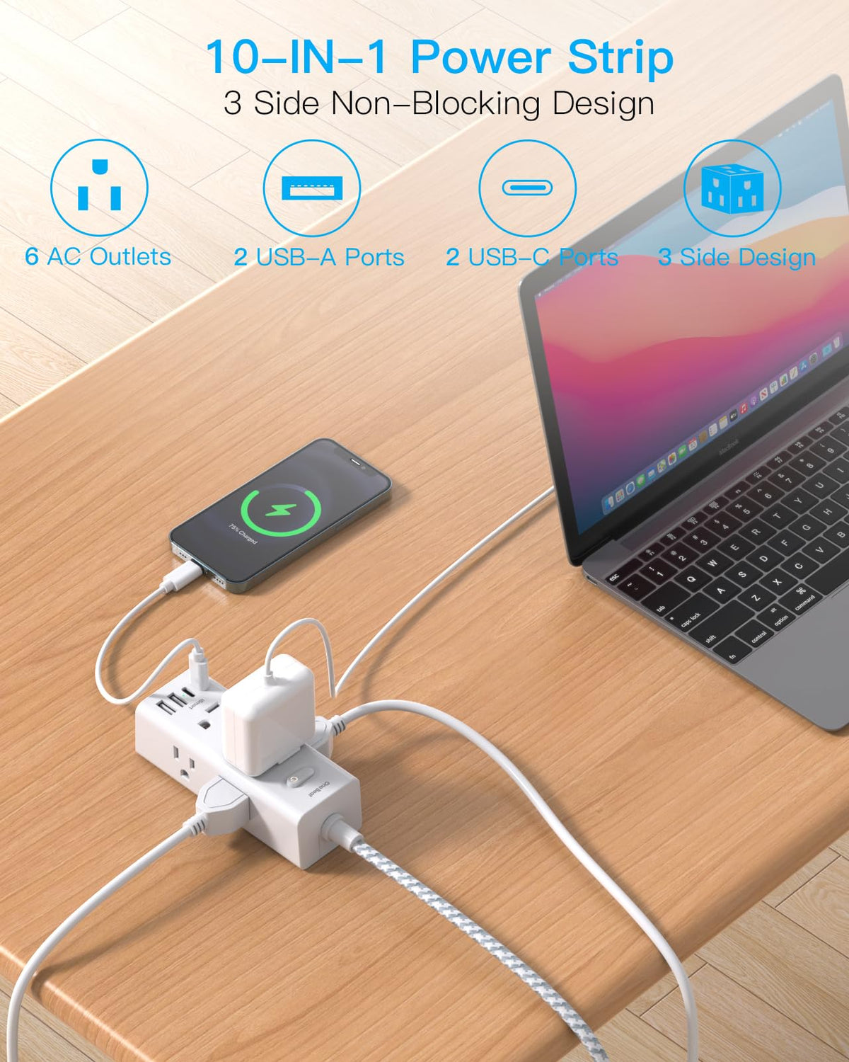 Surge Protector Power Strip 10Ft Long Extension Cord with Multiple Outlets