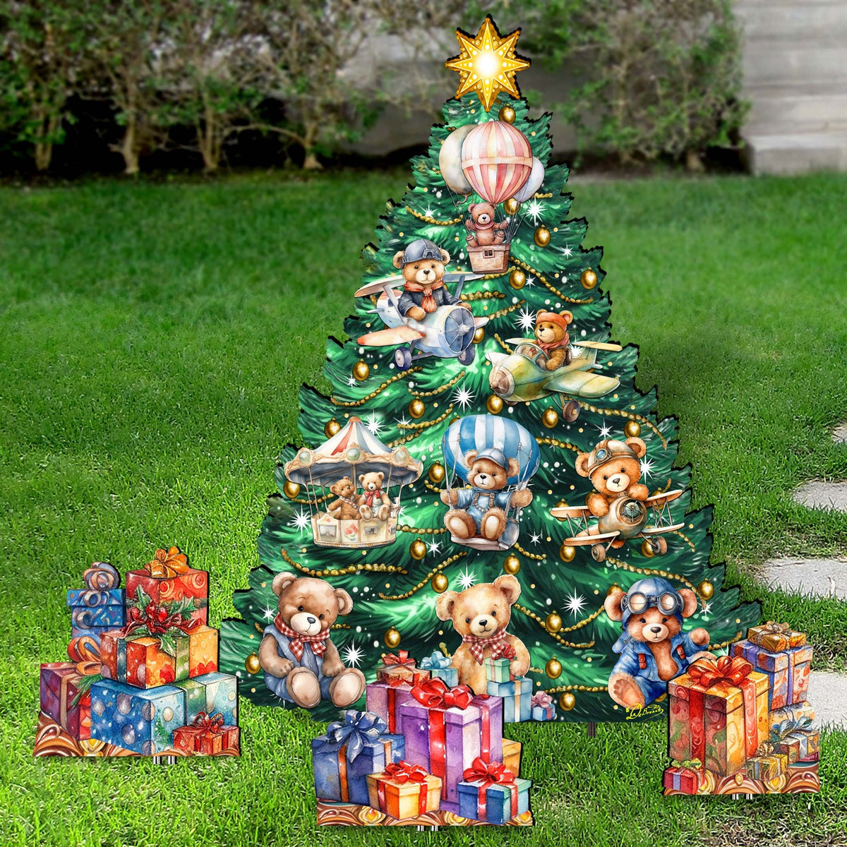Teddy Bear-Themed Christmas Tree Set Outdoor Indoor Décor Wooden Christmas Decoration by G. Debrekht Christmas Décor - 8191508F-G