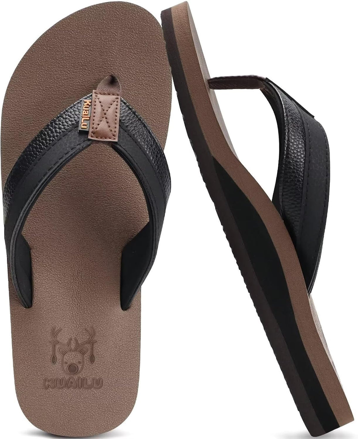 KuaiLu Mens Faux Leather Flip Flops with Comfortable Arch Support