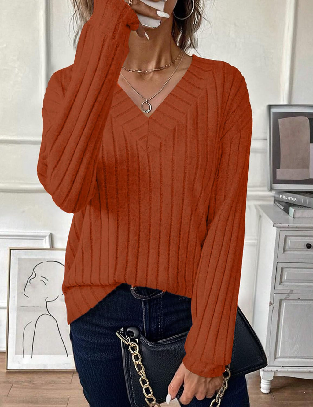 JUSTFASHIONNOW Long Sleeve V Neck Shirts for Women Lightweight Sweaters