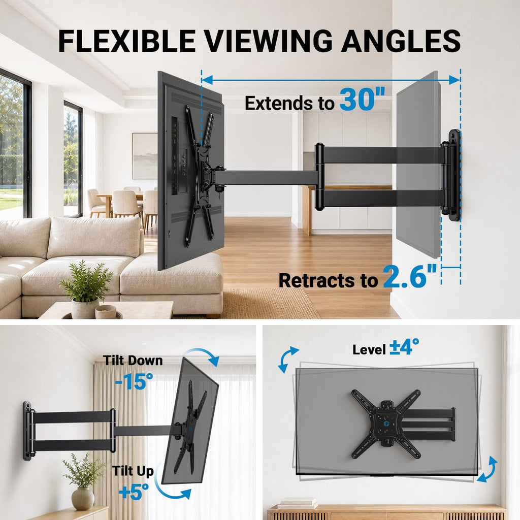 Pipishell TV Wall Mount for 26-74 inch LED LCD OLED 4K TVs up to 99lbs, Full Motion TV Mount Bracket Articulating Swivel Extension Tilting Leveling Max VESA 400x400mm, Fits 12/16 Inch Wood Studs