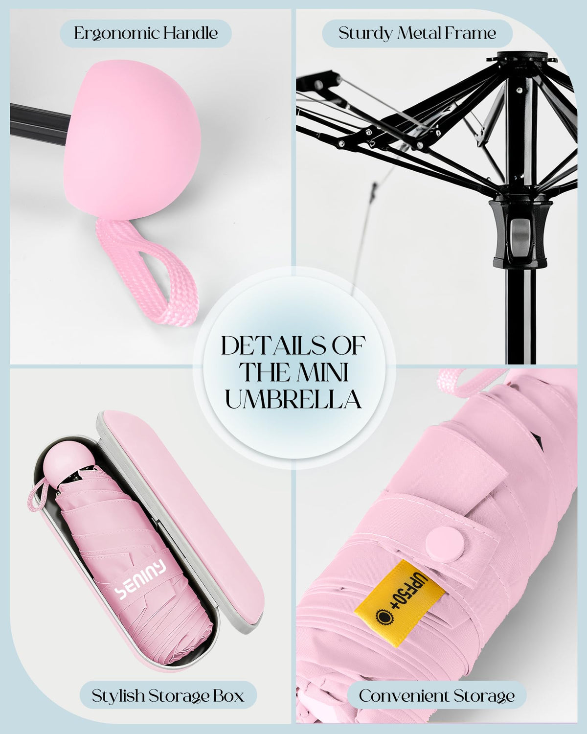 Seniny Mini Travel Umbrella with Case, Compact Pocket Size UV Sun & Rain