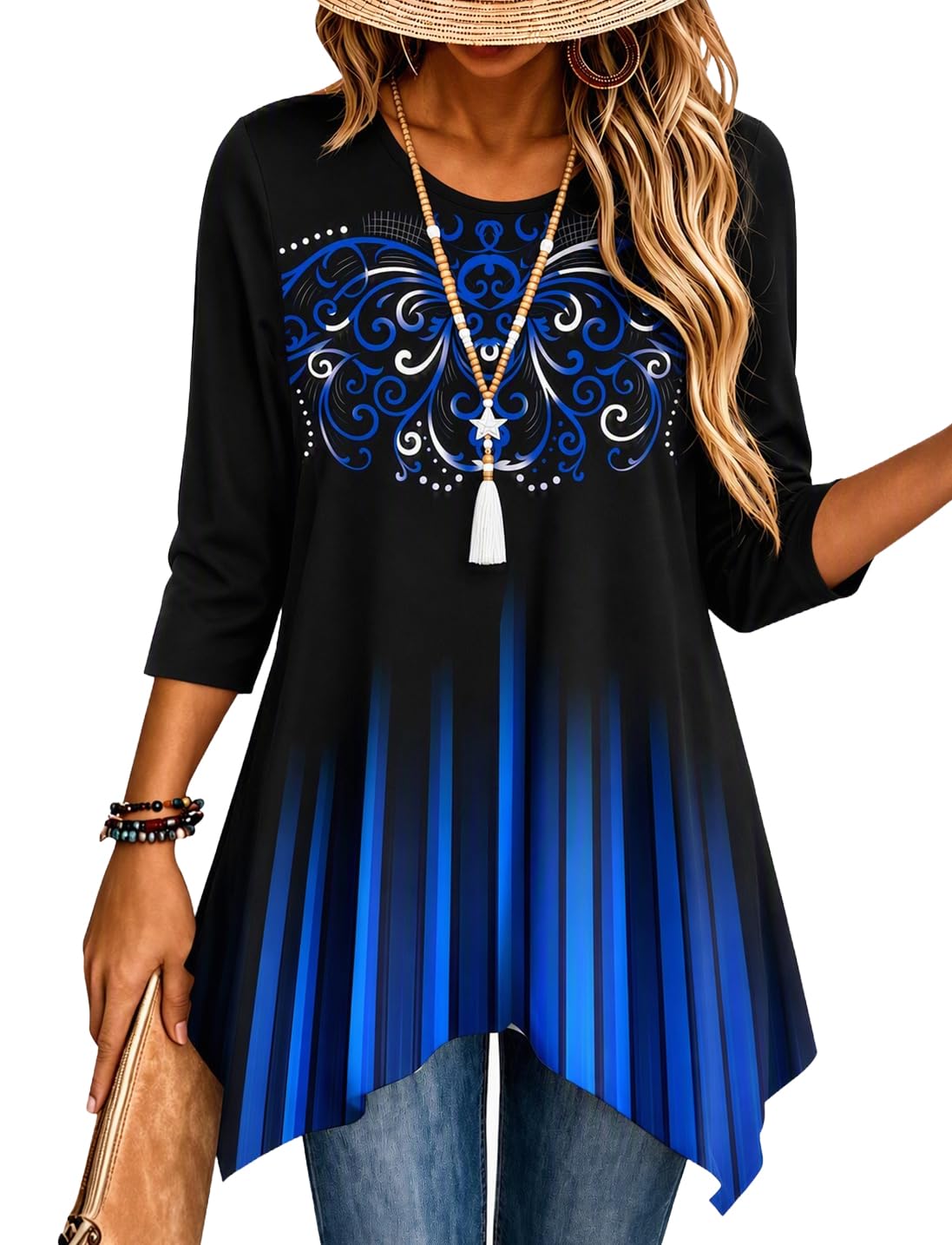 Zeagoo Womens Tops 3/4 Sleeve Loose Fit Dressy Tunics Plus Size Boho Shirts