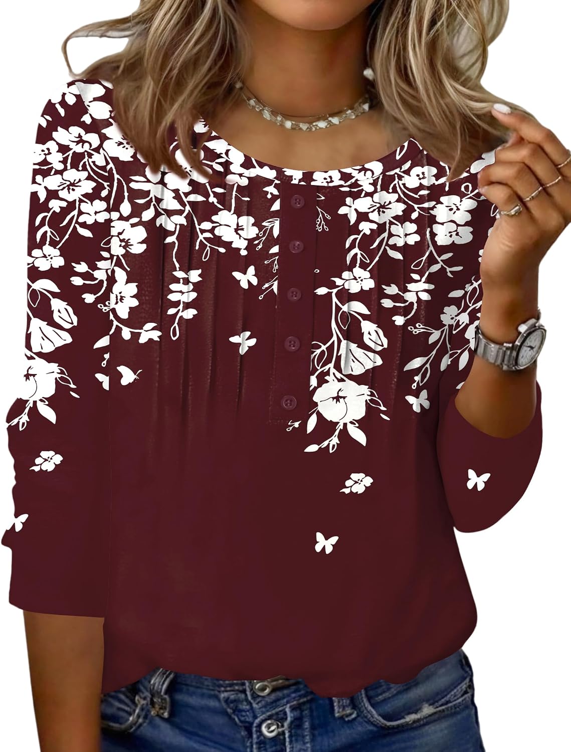 Zeagoo 3/4 Length Sleeve Womens Tops Round Neck Casual Summer Tunic Tops Basic Tees Blouses Dressy T-Shirts Pleated Shirts