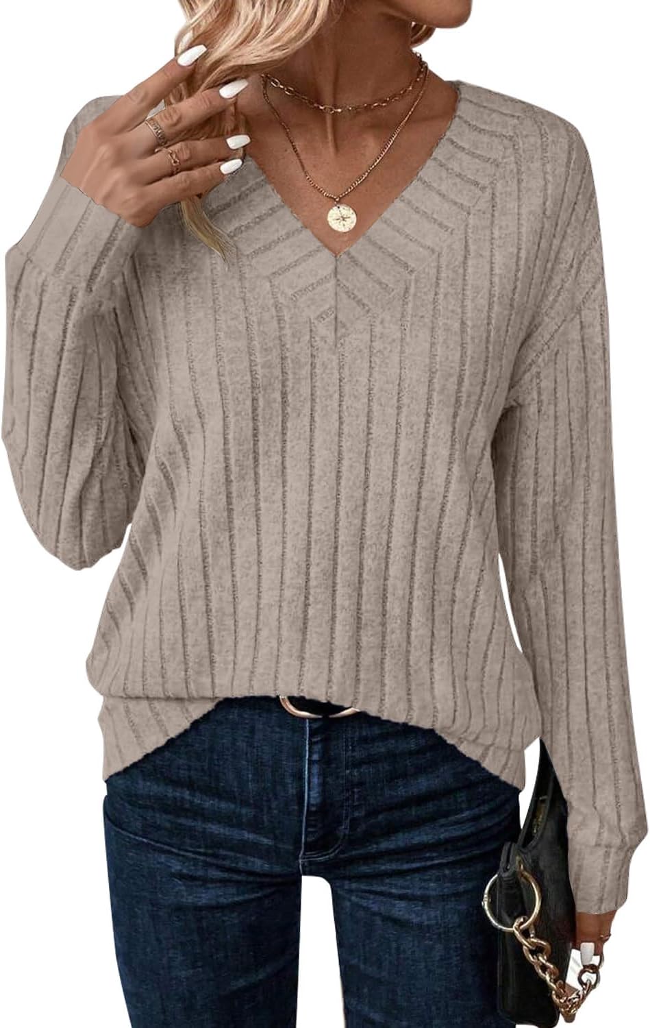 JUSTFASHIONNOW Long Sleeve V Neck Shirts for Women Lightweight Sweaters