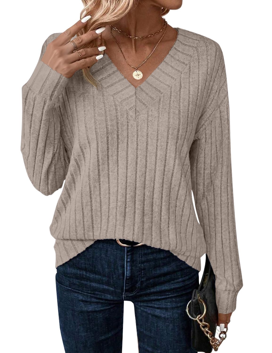 JUSTFASHIONNOW Long Sleeve V Neck Shirts for Women Lightweight Sweaters