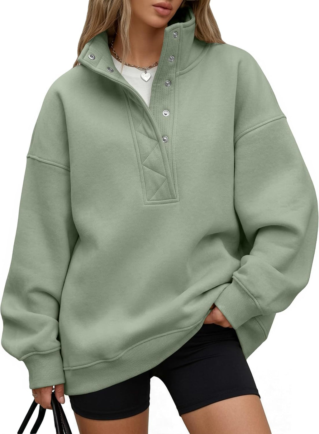 Trendy Queen Womens Oversized Sweatshirts with Snap Button Henley Collar