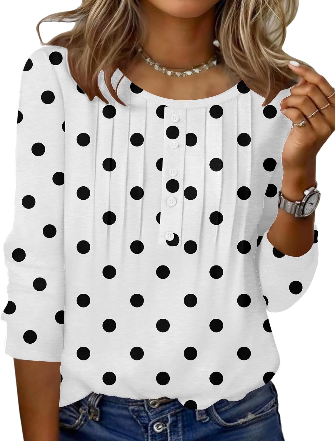 Zeagoo 3/4 Length Sleeve Womens Tops Round Neck Casual Summer Tunic Tops Basic Tees Blouses Dressy T-Shirts Pleated Shirts