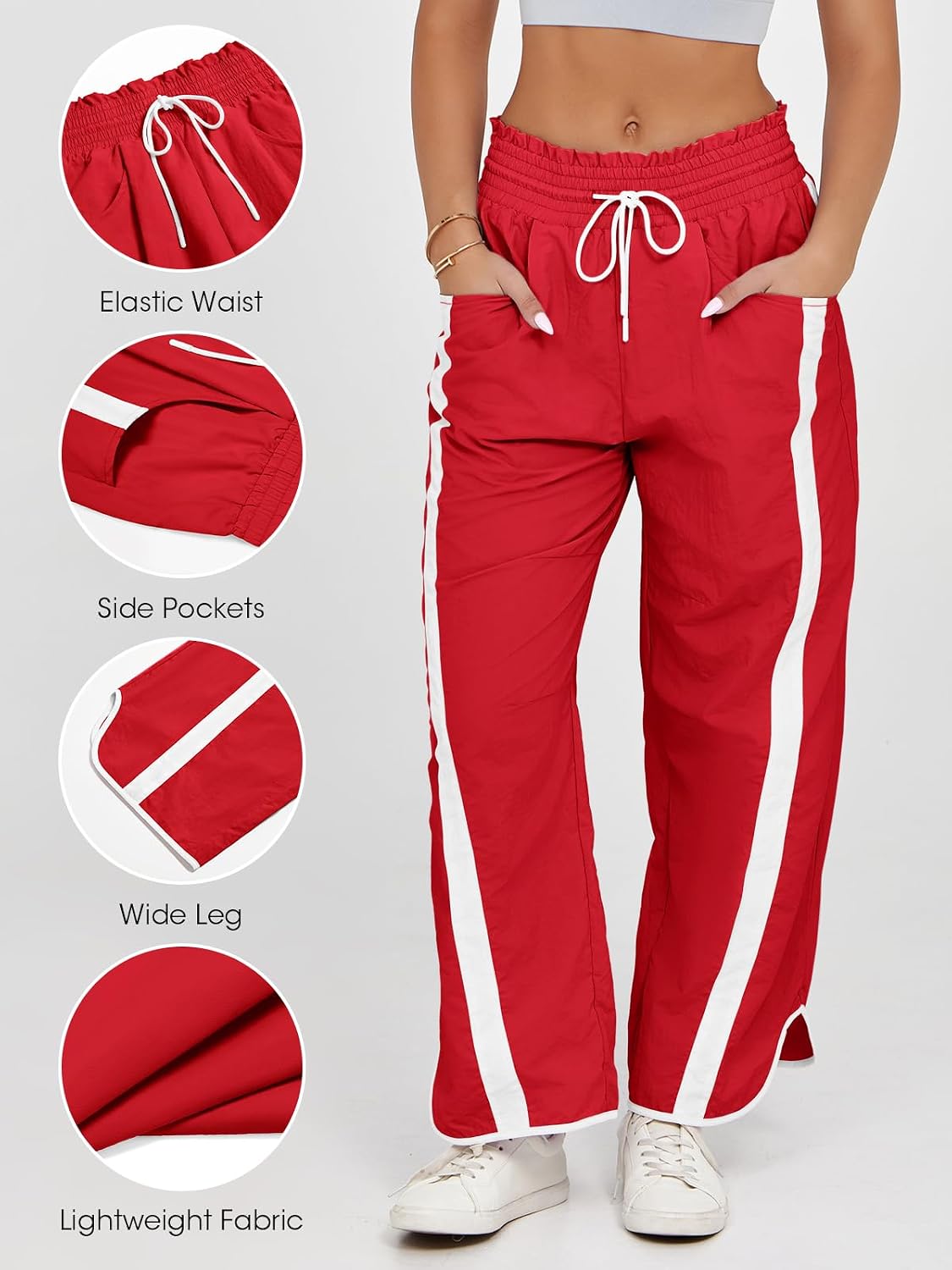 Fisoew Women's Baggy Wide Leg Pants Casual Drawstring Elastic Waisted Contrast Color Workout Y2K Track Pants