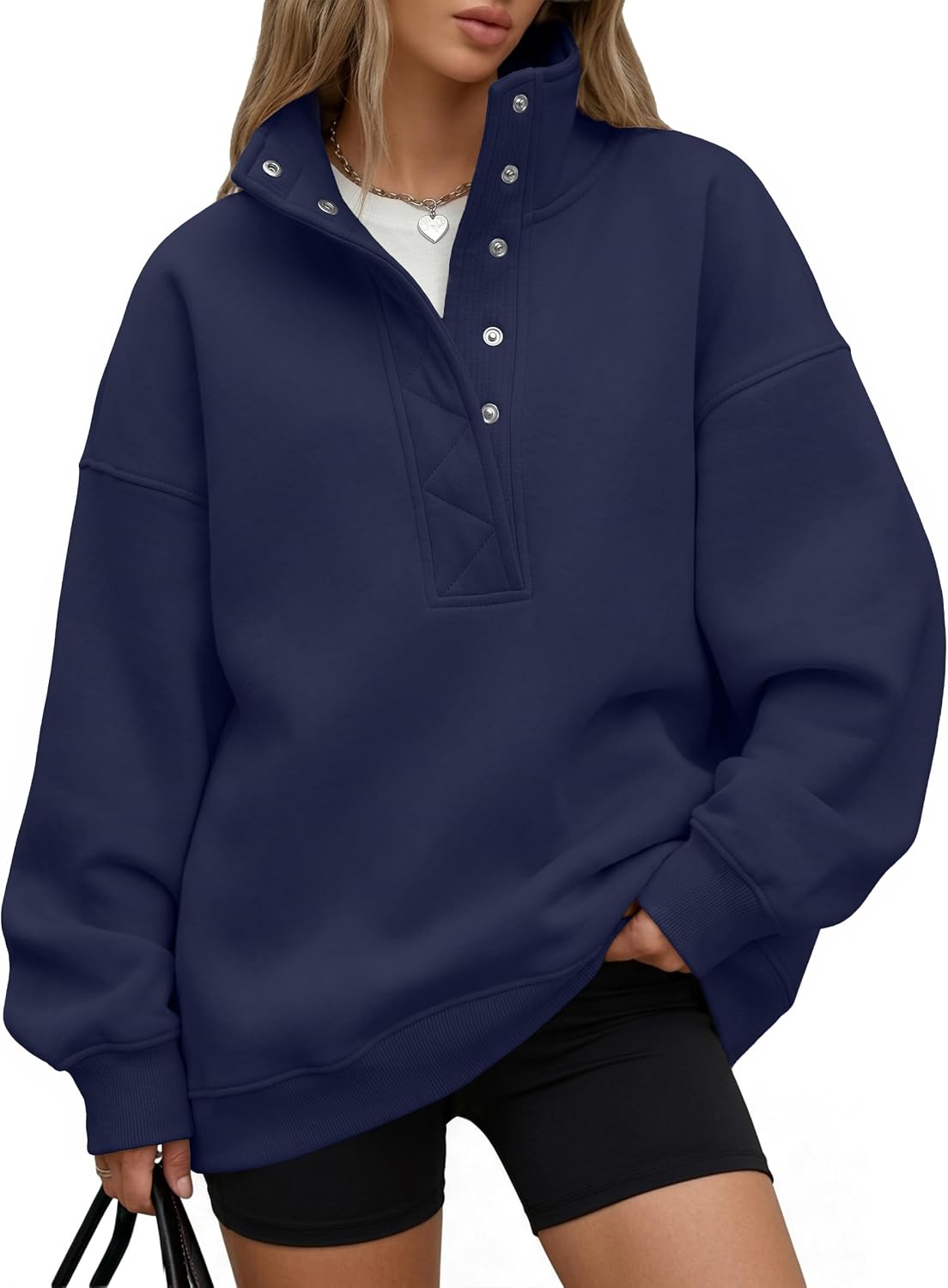 Trendy Queen Womens Oversized Sweatshirts with Snap Button Henley Collar