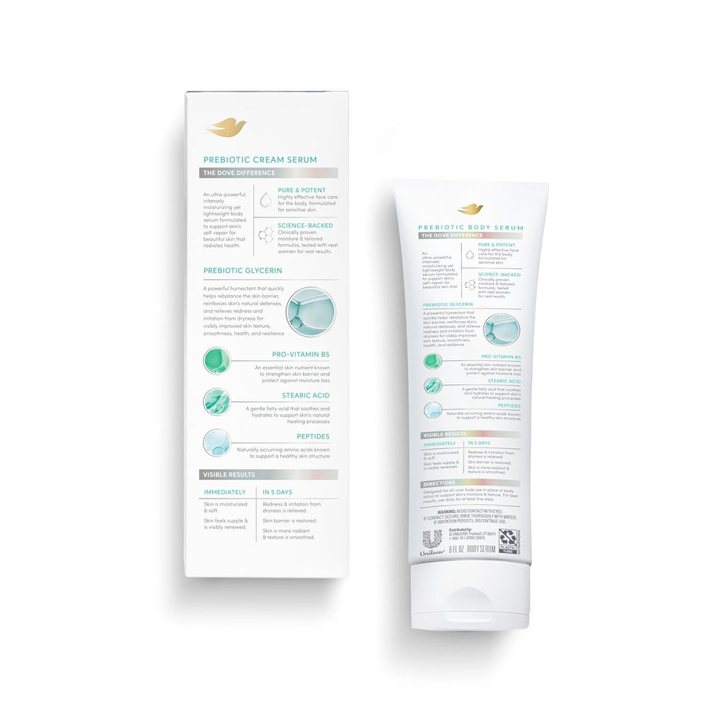 Dove Body Cream Serum Prebiotic + Protection for Dry, Sensitive Skin, with Pro-Vitamin B5, Stearic Acid and Peptides Lotion, 8 oz
