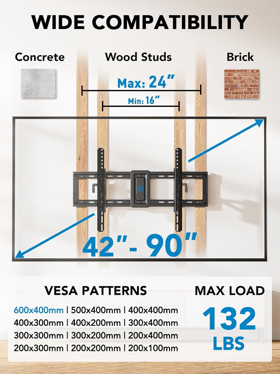 Pipishell TV Wall Mount for 26-74 inch LED LCD OLED 4K TVs up to 99lbs, Full Motion TV Mount Bracket Articulating Swivel Extension Tilting Leveling Max VESA 400x400mm, Fits 12/16 Inch Wood Studs