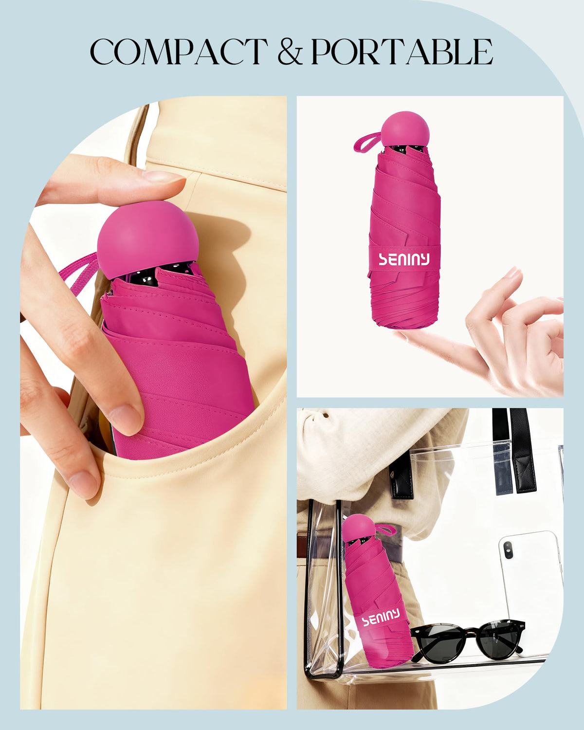 Seniny Mini Travel Umbrella with Case, Compact Pocket Size UV Sun & Rain