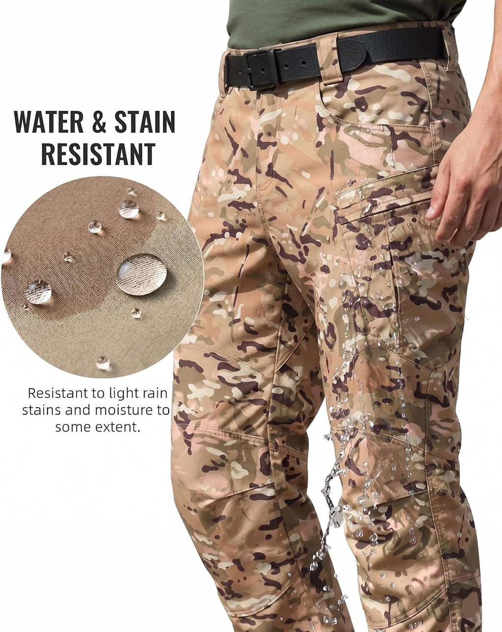 Men's Stretch Tactical Pants Waterproof Ripstop Fabric Cargo Pants Lightweight Casual Hiking Outdoor Work Pants (No Belt)