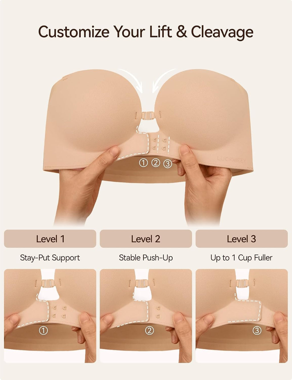 LUCKMEEY Women's Strapless Front Closure Push Up Bra, Non-Slip Removable Straps, Wireless Seamless, A-C Cup